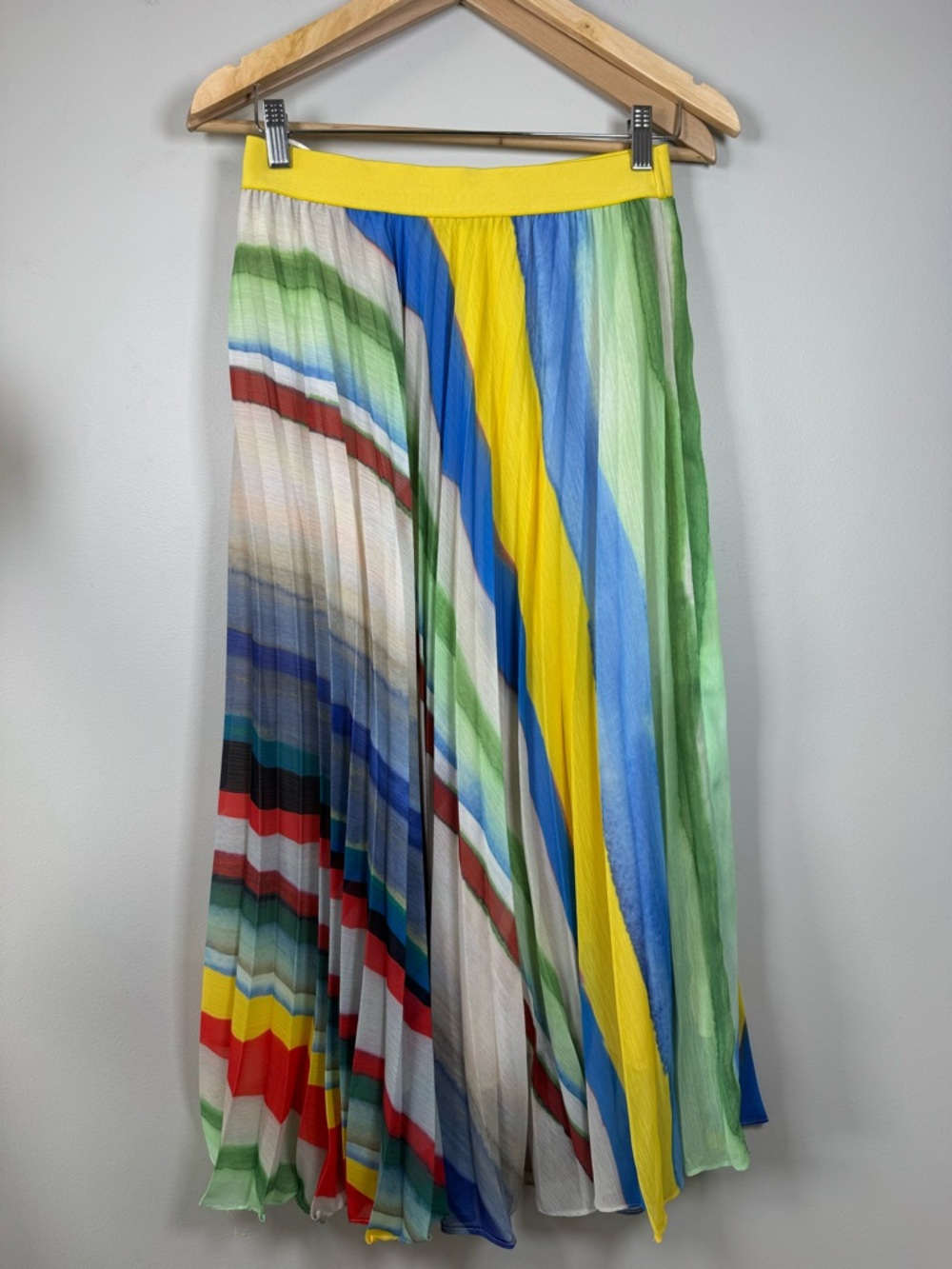 Gabby Isabella Pleated Multi-Stripe Maxi Skirt - Yellow, Blue & Green